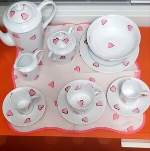 D. Porthault Les Coeurs Pink Heart Porcelin Tea Set for 2